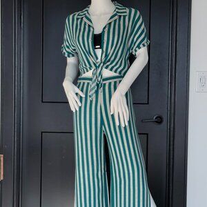 Green Striped Two Piece Summer Set | Tie Front Top | Wide Leg Pants Size XS